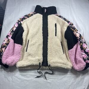 For Love & Lemons Sherpa Floral Jacket L Pink Black Cream Zip Front Cozy Warm